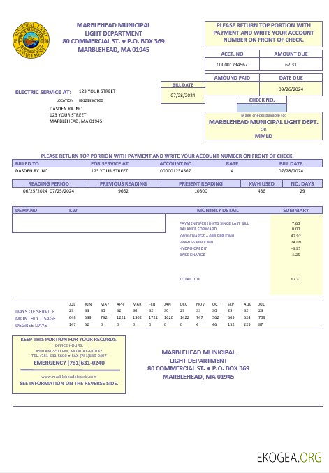 Modèle de facture de services publics du département d'éclairage municipal de Marblehead des États Unis aux formats Word et PDF